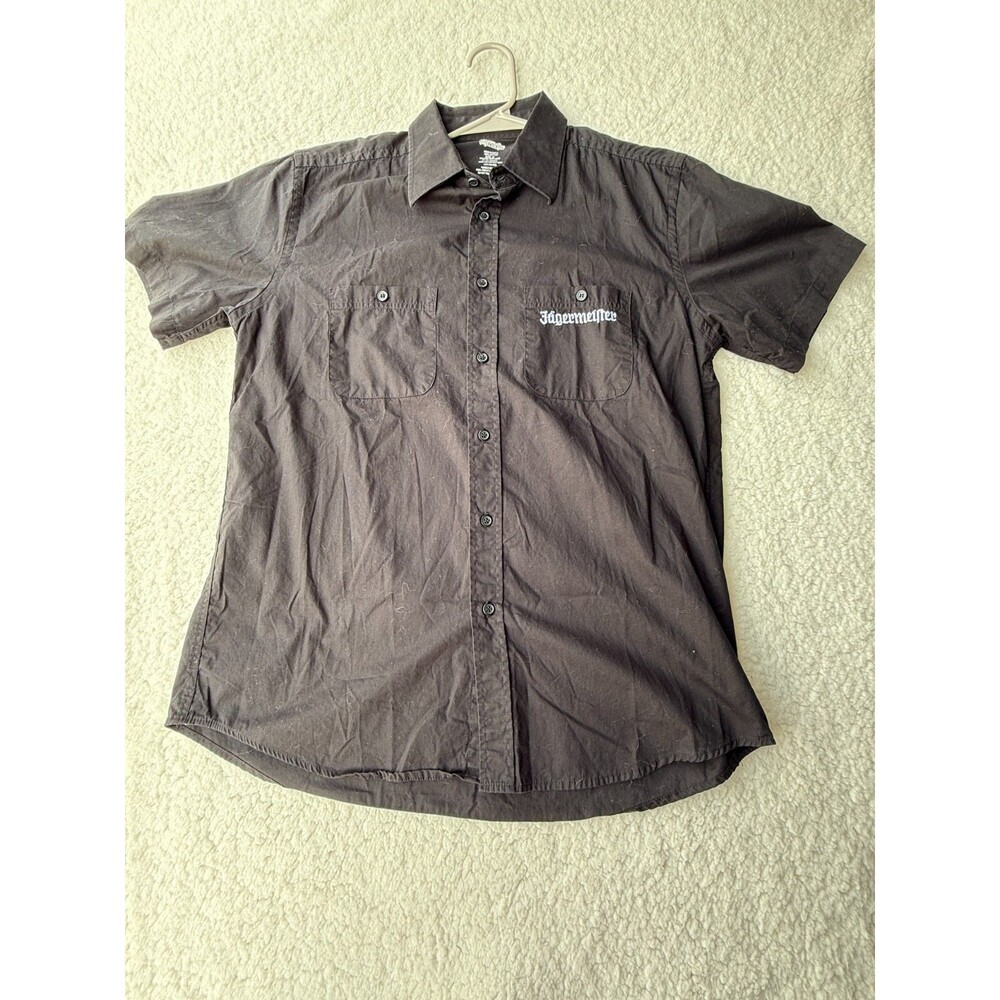 Jägermeister Shirt Mens Medium Black Button Up Pockets Casual Liquor Bombs Adult